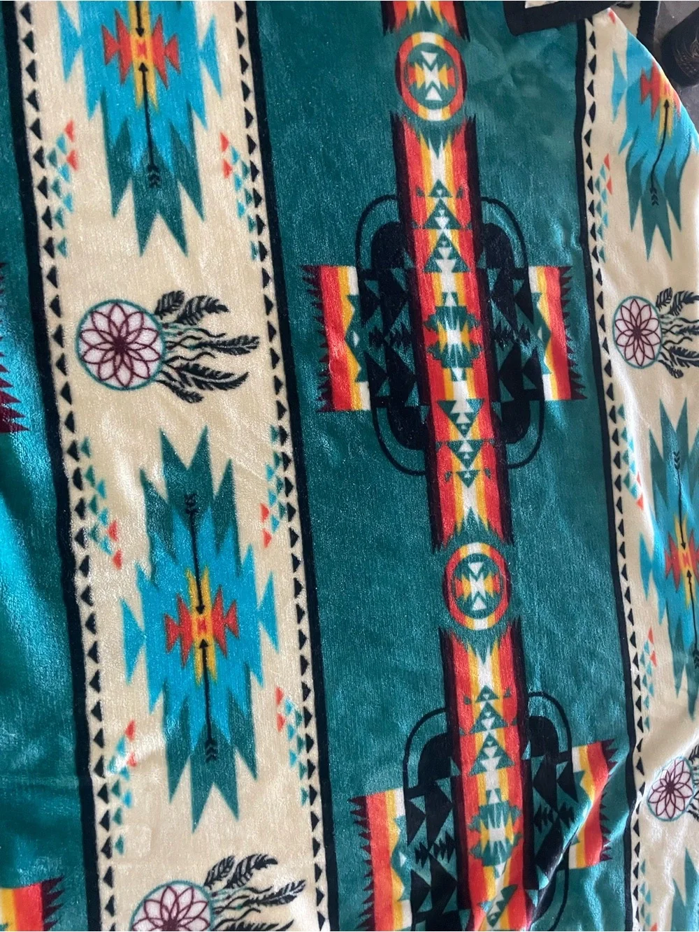 Southwestern Pattern Plush Throw Blanket in Black, Cream, Turquoise
